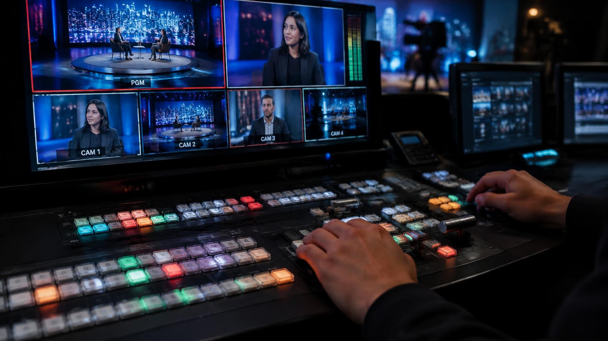 Production switcher desk with live video preview screens