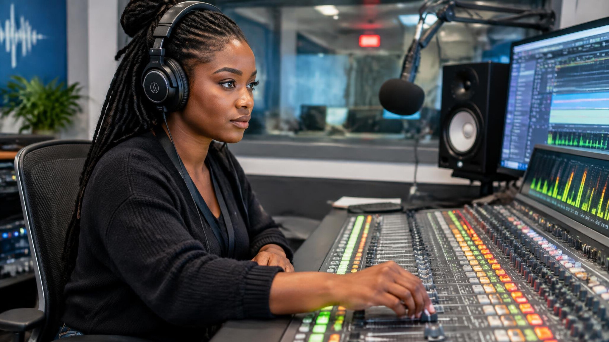 Sound engineer adjusting an audio mixing console during a live broadcast