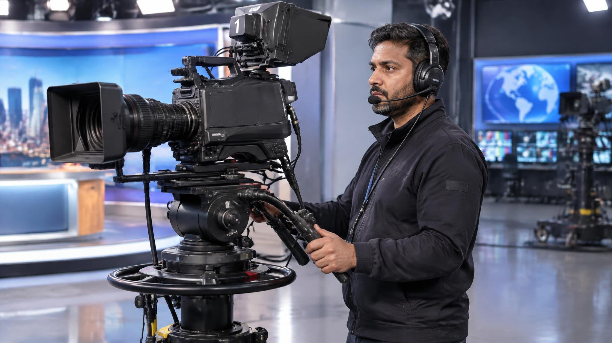 Camera operator filming a live broadcast segment in a television studio