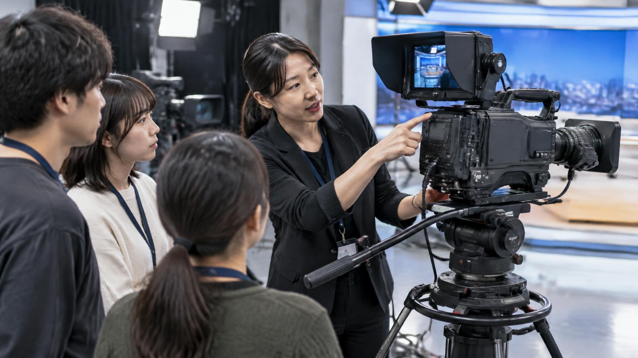 Trainer demonstrating camera operation to a small group inside a studio