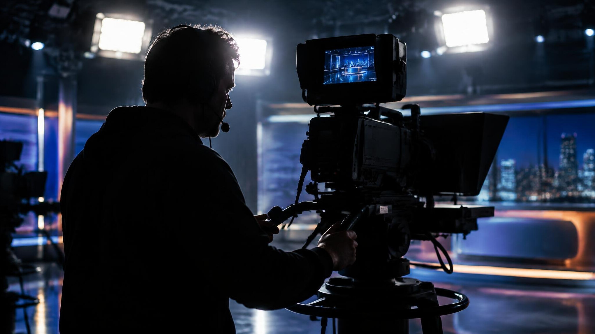Camera operator silhouette working in a dark television studio